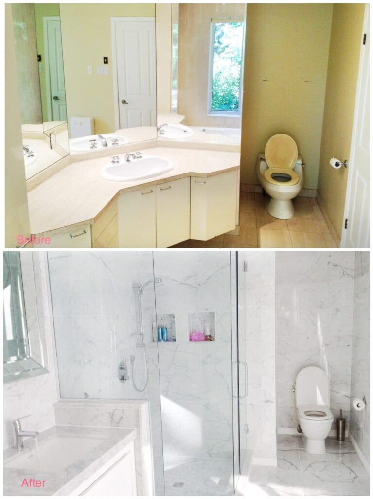 Before and After Bathroom renovation Apex Reno Montreal Quebec