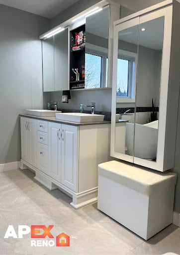 Ile perrot bathroom renovation counter mirror apex reno montreal
